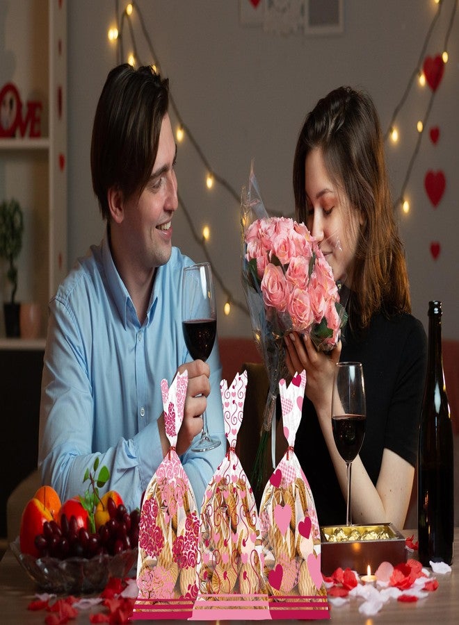 Threetols أكياس هدايا عيد الحب من ثريتولز، 150 قطعة، مصنوعة من السيلوفان، أكياس هدايا على شكل قلب أحمر، أكياس حلوى وبسكويت شفافة، أكياس وردية اللون مزينة برباطات لولبية، مثالية لحفلات الزفاف، 3 أنماط - Image 3